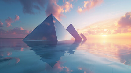 Sleek, glassy pyramids emerging from a serene, azure ocean, reflecting the sky's changing hues. - obrazy, fototapety, plakaty