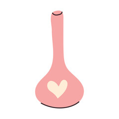 Hand drawn pink Vase with heart shape. Minimalistic illustration of long narrow container for preserving flowers. Hand-drawn simple vector illustration isolated on transparent background