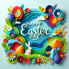 Fototapeta na wymiar Easter card with vibrant and colorful flowers and eggs with the text Happy Easter Day in paper cut art style. Digital greeting card and invitation for Easter Day celebrations and spring season.