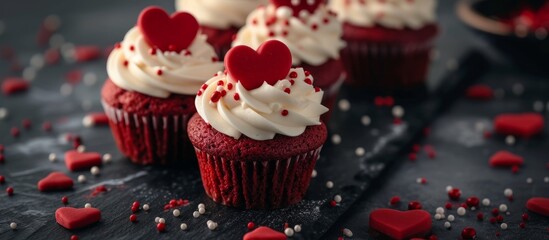 Delicious red velvet cupcakes with creamy white frosting and cute red heart decorations