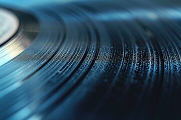 This close-up photograph captures the details of a blue vinyl record, showcasing its grooves and...