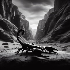 Black scorpion stands ominously in desert canyon
 - obrazy, fototapety, plakaty