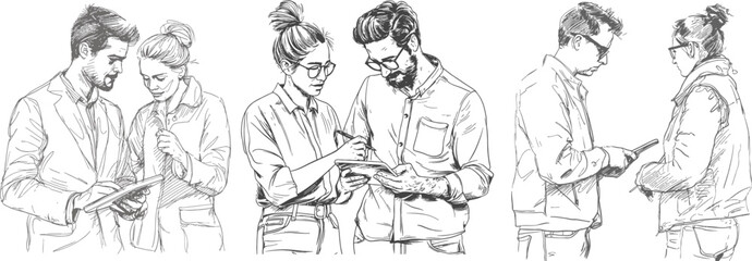 Fototapeta na wymiar two young professionals discussing project as team on tablet continuous line drawing