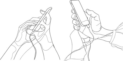 continuous line drawing of hand using modern mobile phone