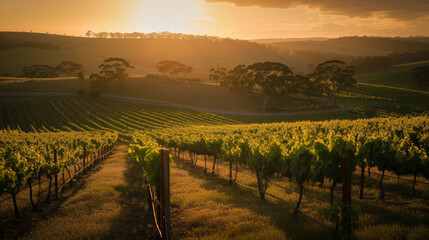 Fototapeta premium The sun sets behind the vineyard casting a warm glow over the landscape and highlighting the diverse range of g varieties growing in the field.