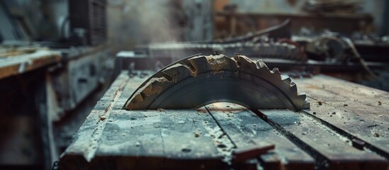 Close up a sharp circular saw blade wood cutting in carpentry workshop. AI generated image