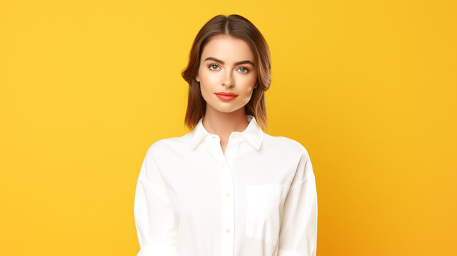 Photo portrait of attractive young woman look in camera dressed stylish white clothes isolated on yellow color background.
