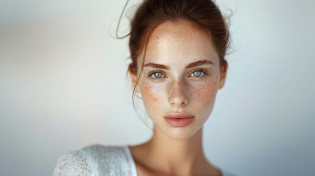beauty shot of a woman with freckles and pimples imperfect skin