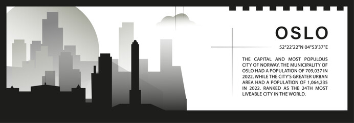 Oslo skyline vector banner, black and white minimalistic cityscape silhouette. Norway capital city horizontal graphic, travel infographic, monochrome layout for website