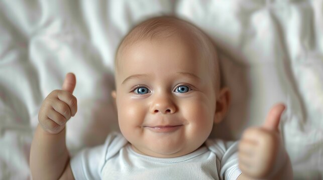 A baby giving thumbs up white background    