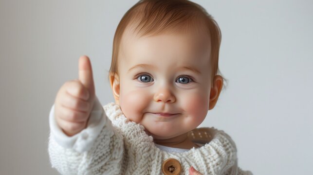 A baby giving thumbs up white background   