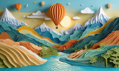 Summer mountain landscape. hot air balloons, Nature, mountains, clouds and birds. Paper cut out art digital craft style.