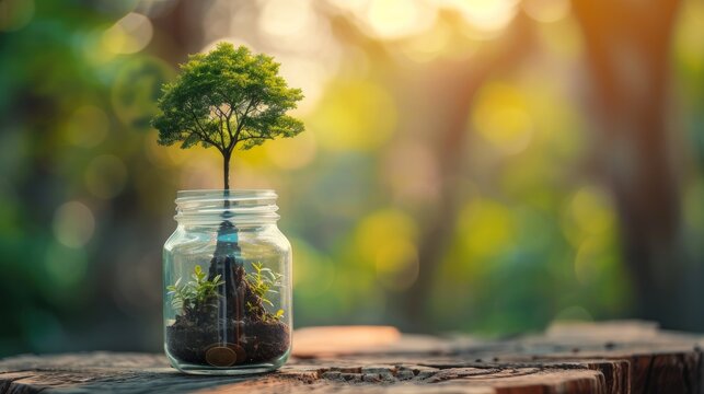 A tree grows on a coin in a glass jar with copy space finance growing concept  