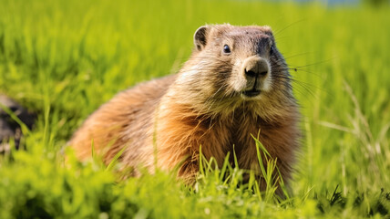 Wild marmot in its natural environment in a meadow covered with green fresh grass.


