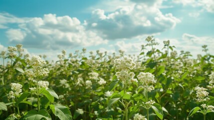 Fototapeta na wymiar Beautiful view of buckwheat field under blue sky 