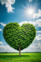 Green heart shaped tree over cloudy blue sky background. Love, nature, environment concept