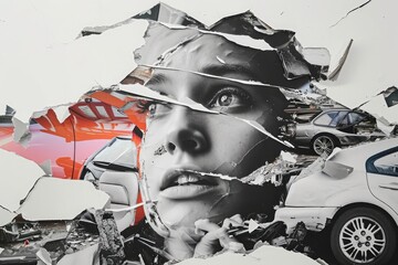 A photo showcasing a fragmented collage of a womans face seen through pieces of shattered glass, Collage of different stages of recovery after a road accident, AI Generated