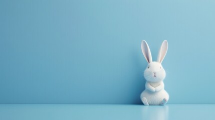 Fototapeta na wymiar Cute white rabbit on blue background with copy space for text 