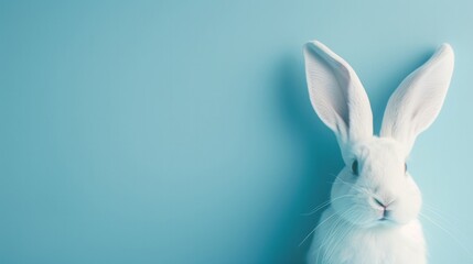 Cute white rabbit on blue background with copy space for text   