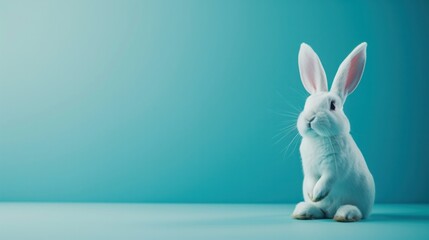 Cute white rabbit on blue background with copy space for text   
