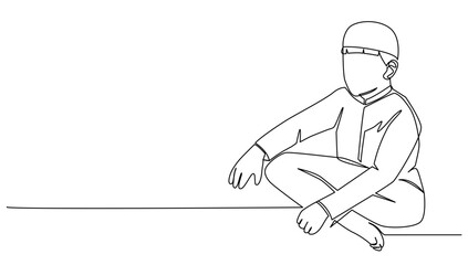 continuous line drawing of a Muslim boy sitting with his legs crossed, for Ramadan holiday vector illustration