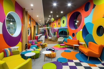 A brightly colored room with a stylish checkered floor, creating a lively and energetic ambiance, Colorful and playful office design to inspire creativity, AI Generated - obrazy, fototapety, plakaty