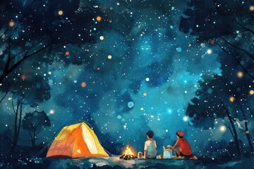 A painting depicting two individuals seated around a campfire in the clearing of a forest, Colorful artwork of a group of young friends camping under a starry night, AI Generated - obrazy, fototapety, plakaty