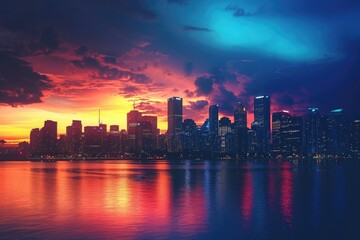 Fototapeta premium A stunning city skyline is illuminated by the setting sun as it reflects on the calm body of water below, Colorful city skyline under the beautiful sunset, AI Generated