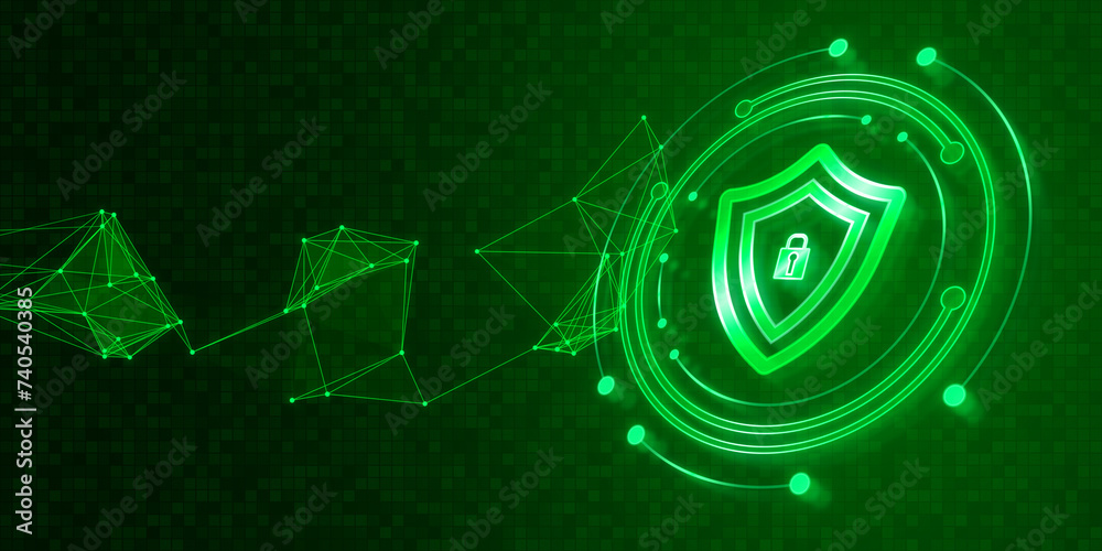 Poster creative round safety hologram with polygonal mesh on blurry wide green background. secure antivirus