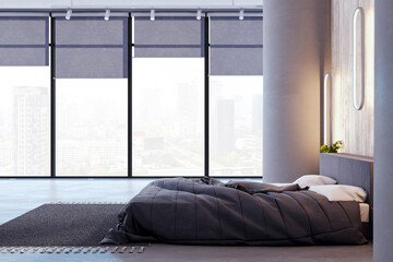 Spacious bedroom with cityscape view and unique vertical lighting. Urban design concept. 3D Rendering
