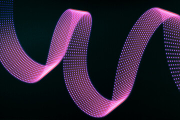 Pink, purple, blue neon flowing wave of light as trail with dotted stripes on black background. Abstract background with motion light effect, light painting in disco style.