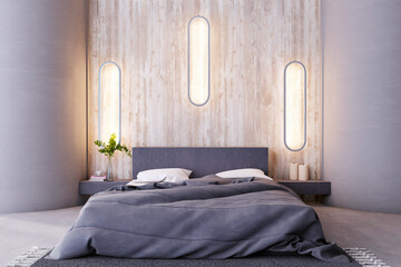 Luxurious bedroom with wall mounted vertical lights and wooden backdrop. Comfort and style concept. 3D Rendering