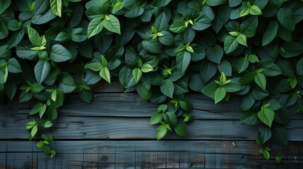 Vibrant green leaves forming a tranquil pattern, set against a backdrop of rough-hewn, reclaimed wood, merging nature with sustainability.