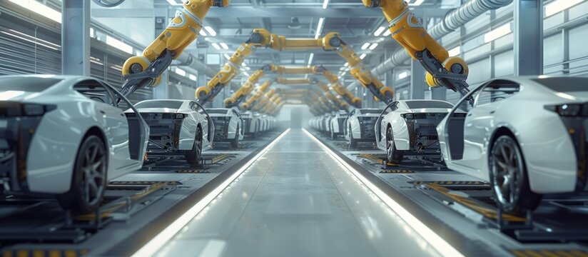 A modern car factory manufacturing with robotic arm to processing. AI generated image