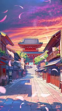 japanese temple with paving road anime background illustration loop animation