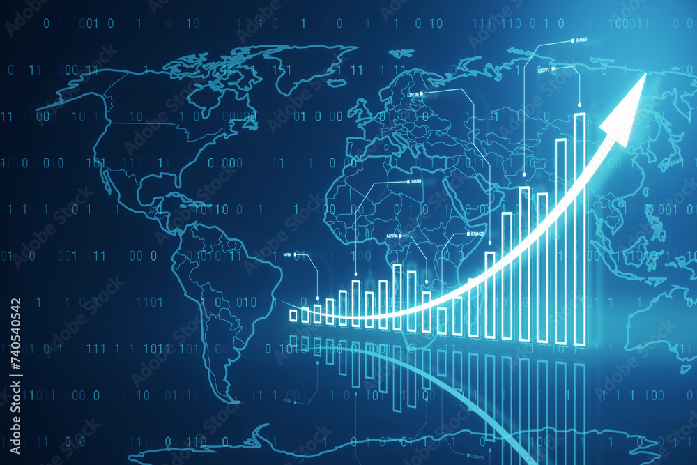 Aufkleber creative growing blue business chart with map, binary code and arrows on blurry background. future g