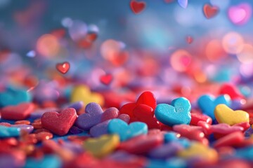A group of vibrant candy hearts floating in mid-air, Colorful heart-shaped candies scattered across the scene, AI Generated