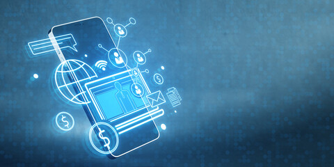 Creative SEO hologram on blurry blue background with mock up place. Process of work, community, customers, target goal to achieve, planning data, search analysis report concept. 3D Rendering.