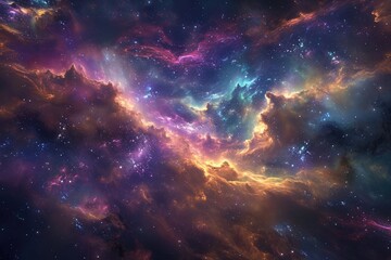 This photo showcases a vibrant and visually striking space featuring an abundance of stars spread across the vast expanse, Colorful nebulous clouds swirling in a far-off galaxy, AI Generated