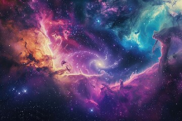 A vibrant space scene featuring an abundance of stars, Colorful nebulous clouds swirling in a far-off galaxy, AI Generated