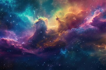 Obraz na płótnie Canvas A vibrant space scene featuring a multitude of stars and swirling clouds, Colorful nebulous clouds swirling in a far-off galaxy, AI Generated