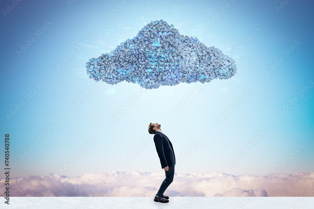 Poster Side view of businessman standing under abstract digital cloud with programming language on bright sky background. Digital storage, database, network and technology concept.