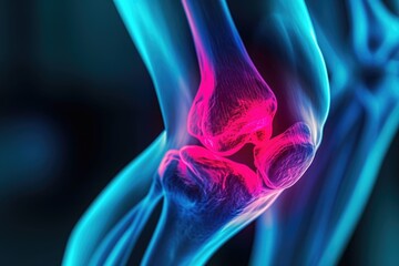 An anatomical image showing a knee joint with clear visibility of ligaments and bone structures in shades of blue and pink, Colorful variant of a 3D human knee X-ray, AI Generated