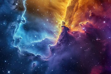 A person confidently stands on a vibrant cloud against a clear blue sky backdrop, creating a visually striking contrast, Colorful view of a nebula cloud with twinkling stars, AI Generated - obrazy, fototapety, plakaty