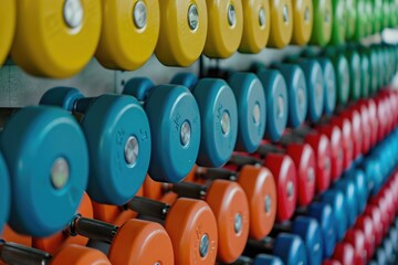 A row of vibrant dumbbells is neatly arranged in a gym, creating an eye-catching display of fitness equipment, Colorful wall of dumbbells at a fitness center, AI Generated