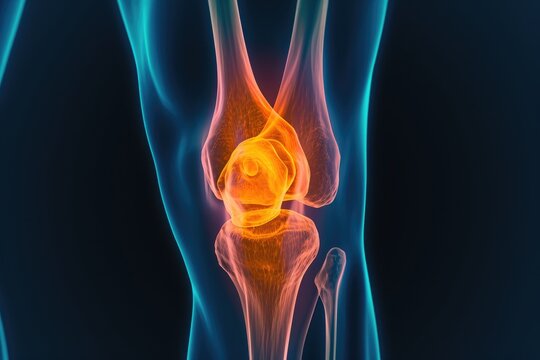 This image provides a detailed view of the knee joint, highlighting its anatomy, structure, and internal components, Colorful variant of a 3D human knee X-ray, AI Generated