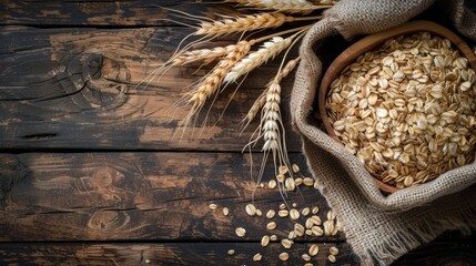 Photo of healthy oatmeal and oats grains barley grain     - obrazy, fototapety, plakaty