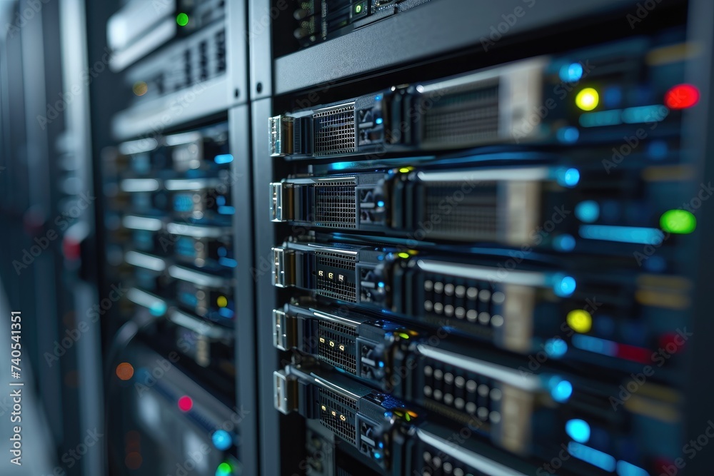 Poster a row of neatly organized servers in a cutting-edge data center, providing robust data storage and p