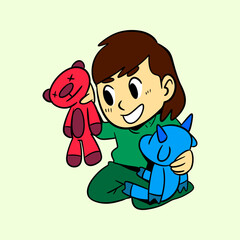 Little Girl Playing Doll Vector Illustration