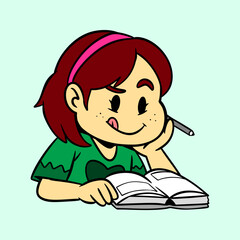 Little Girl Reading Vector Illustration
